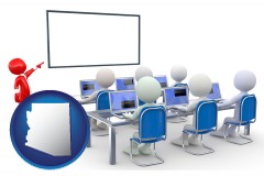 arizona map icon and a computer training classroom