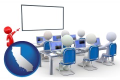 california map icon and a computer training classroom