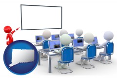 connecticut map icon and a computer training classroom