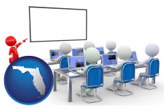 florida map icon and a computer training classroom