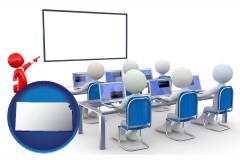 kansas map icon and a computer training classroom