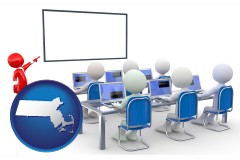 massachusetts map icon and a computer training classroom