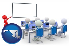 maryland map icon and a computer training classroom