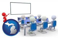 michigan map icon and a computer training classroom