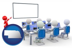 nebraska map icon and a computer training classroom