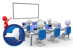new-york map icon and a computer training classroom
