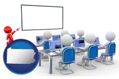 pennsylvania map icon and a computer training classroom