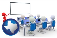 texas map icon and a computer training classroom