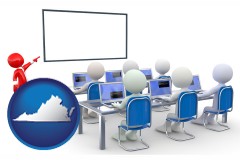 virginia map icon and a computer training classroom