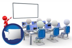 washington map icon and a computer training classroom