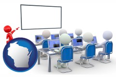 wisconsin map icon and a computer training classroom