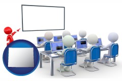 wyoming map icon and a computer training classroom